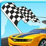 Žluté sportovní auto na klikaté silnici s šachovnicovou vlajkou v pozadí