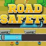 Velké žluté nápisy ROAD SAFETY nad silnicí s modrou dodávkou a chodci, kteří stojí na chodníku s trávou a stromy