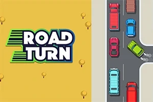 Název Road Turn vedle ilustrace parkoviště s auty různých barev na světle hnědém pozadí