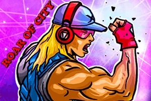 Blonďatý muž s kšiltem a sluchátky, zvedající ruku s pěstí na fialovém pozadí s nápisem Roar of City