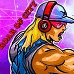 Blonďatý muž s kšiltem a sluchátky, zvedající ruku s pěstí na fialovém pozadí s nápisem Roar of City