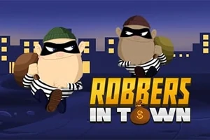 Dva kreslení lupiči v pruhovaných tričkách a maskách nesou pytle s lupem před městskou siluetou za soumraku, nápis Robbers in Town