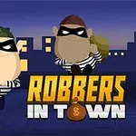 Dva kreslení lupiči v pruhovaných tričkách a maskách nesou pytle s lupem před městskou siluetou za soumraku, nápis Robbers in Town
