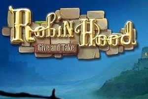 Název Robin Hood: Give and Take se zlatými písmeny na modrém pozadí s hradem v dálce