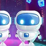 Dva roztomilí bílo-modří roboti stojí vedle sebe, obklopení svítícími modrými kostkami, na pozadí s futuristickým městem