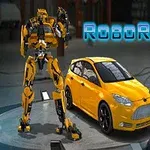 Žlutý robot stojící vedle žlutého sportovního auta v moderní garáži s nápisem RoboRacing