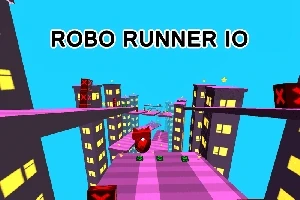 Barevné 3D město s futuristickými budovami a postavičkou běžící po fialové dráze
