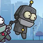 Dva kreslení roboti, jeden letící, v městském prostředí s vysokými budovami v pozadí