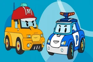 Dvě kreslená auta, žluté s červenou hasičskou helmou a modré policajní, na modrém pozadí