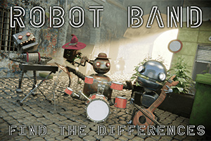 Skupina robotů hrající na hudební nástroje ve městské uličce s nápisy Robot Band a Find the Differences