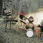 Skupina robotů hrající na hudební nástroje ve městské uličce s nápisy Robot Band a Find the Differences