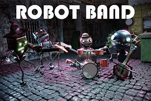 Skupina robotů hrajících na různé hudební nástroje v tmavé ulici