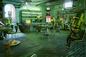 Roboti sedící u stolů v retro-futuristické kavárně s neonovým nápisem a nápojovým barem