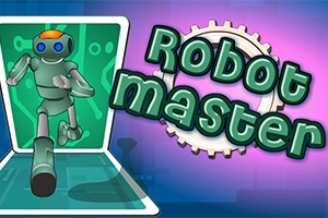 Robot běží z obrazovky s nápisem Robot master na pozadí ozubeného kola