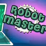 Robot běží z obrazovky s nápisem Robot master na pozadí ozubeného kola