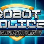 Text Robot Police Iron Panther na futuristickém pozadí s modrými a oranžovými prvky