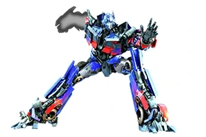 Robot v modro-červené barevné kombinaci s výraznými detaily, stojící v bojové pozici na bílém pozadí