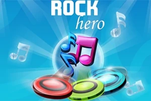 Barevné noty a kruhy na modrém pozadí s nápisem Rock Hero