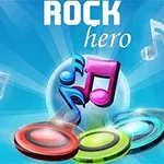 Barevné noty a kruhy na modrém pozadí s nápisem Rock Hero