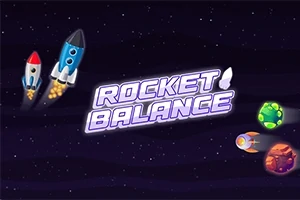 Dva raketové motory letící vesmírem vedle nápisu Rocket Balance s planetami na pozadí