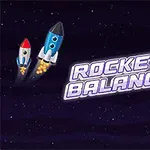 Dva raketové motory letící vesmírem vedle nápisu Rocket Balance s planetami na pozadí
