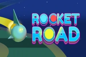 Zelená raketa letí po barevné cestě s nápisem ROCKET ROAD