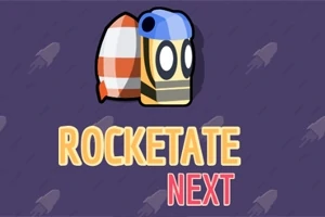 Barevná kreslená postavička s helmou a raketou na fialovém pozadí s textem ROCKETATE NEXT