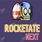Barevná kreslená postavička s helmou a raketou na fialovém pozadí s textem ROCKETATE NEXT