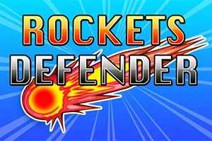 Název Rockets Defender s barevným obrázkem hořícího meteoritu na modrém pozadí