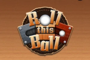 Logo s nápisem Roll this Ball s dřevěným a kovovým designem a dvěma vyobrazenými kuličkami