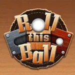 Logo s nápisem Roll this Ball s dřevěným a kovovým designem a dvěma vyobrazenými kuličkami