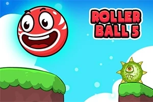 Červená usměvavá koule na zelené plošině proti jednookému příšerákovi, s nápisem Roller Ball 5 na modrém pozadí