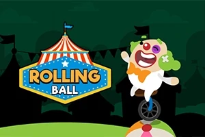 Klaun s oranžovým motýlkem a zelenými vlasy balancuje na jednokolce na barevné kouli vedle nápisu ROLLING BALL s cirkusovým stanem v pozadí