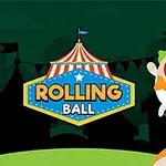 Klaun s oranžovým motýlkem a zelenými vlasy balancuje na jednokolce na barevné kouli vedle nápisu ROLLING BALL s cirkusovým stanem v pozadí