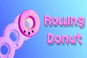 Růžový kreslený donut s obličejem na modrém pozadí s nápisem Rolling Donut v pixelové grafice