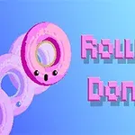 Růžový kreslený donut s obličejem na modrém pozadí s nápisem Rolling Donut v pixelové grafice