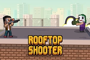 Dvě postavy na střeše s pixelovou grafikou, jedna drží pušku, druhá raketomet, s nápisem ROOFTOP SHOOTER uprostřed