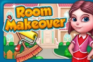 Postava dívky ve fialových šatech stojí vedle nápisu Room Makeover před domem s velkými okny a zeleným trávníkem