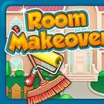 Postava dívky ve fialových šatech stojí vedle nápisu Room Makeover před domem s velkými okny a zeleným trávníkem
