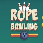 Název ROPE BAWLING 3 s bowlingovými kuželkami a koulí na zeleném pozadí