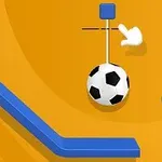 Fotbalový míč zavěšený na tyči s modrými rampami na oranžovém pozadí