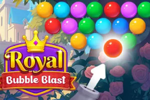 Barevné bubliny jsou v řadách nad sebou, zatímco červená bublina je vystřelována z děla se šipkou, s nápisem Royal Bubble Blast vlevo