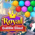 Barevné bubliny jsou v řadách nad sebou, zatímco červená bublina je vystřelována z děla se šipkou, s nápisem Royal Bubble Blast vlevo