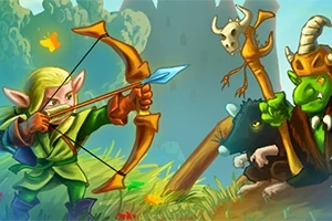 Elf s lukem zamířeným na skřeta s korunou a rohama v lese