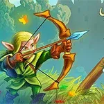 Elf s lukem zamířeným na skřeta s korunou a rohama v lese