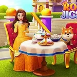 Žena ve žlutých šatech sedí u stolu s jídlem vedle psa na zahradě před zámkem