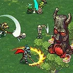 Rytíři a fantasy bytosti bojují na trávníku poblíž hradu a sochy s červenýma očima