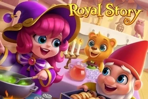 Royal Story Kreslená postava čarodějnice vaří, obklopená trpaslíkem a medvědem, v útulné místnosti s dekoracemi