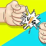 Dvě sevřené pěsti proti sobě na žlutomodrém pozadí s nápisem „vs“ uprostřed
