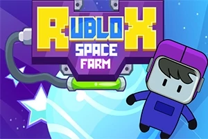 Barevná kreslená postava v kosmickém obleku na pozadí s nápisem RUBLOX SPACE FARM a hvězdami